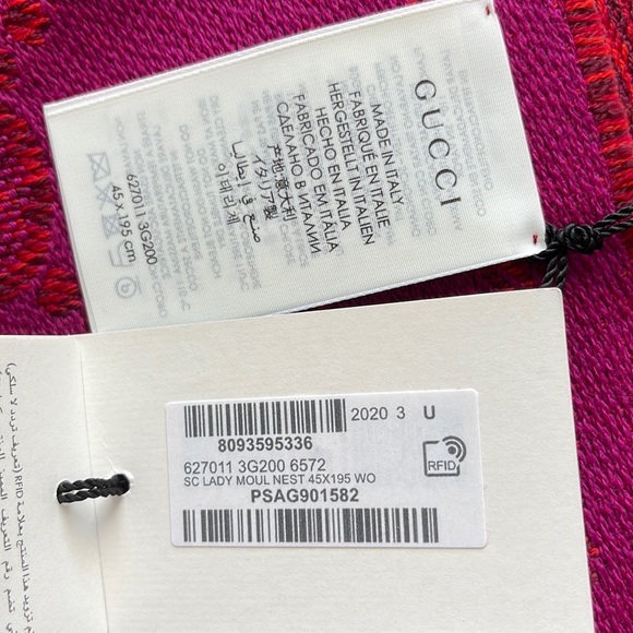 GUCCI EMBROIDERED GG Supreme 45x95 Women’s Scarf Flame Pink BNWT Made In Italy - Picture 13 of 16
